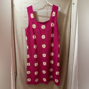 Kings Road Pink Crochet Daisy Dress Women’s XL Granny Square Floral Bohemian